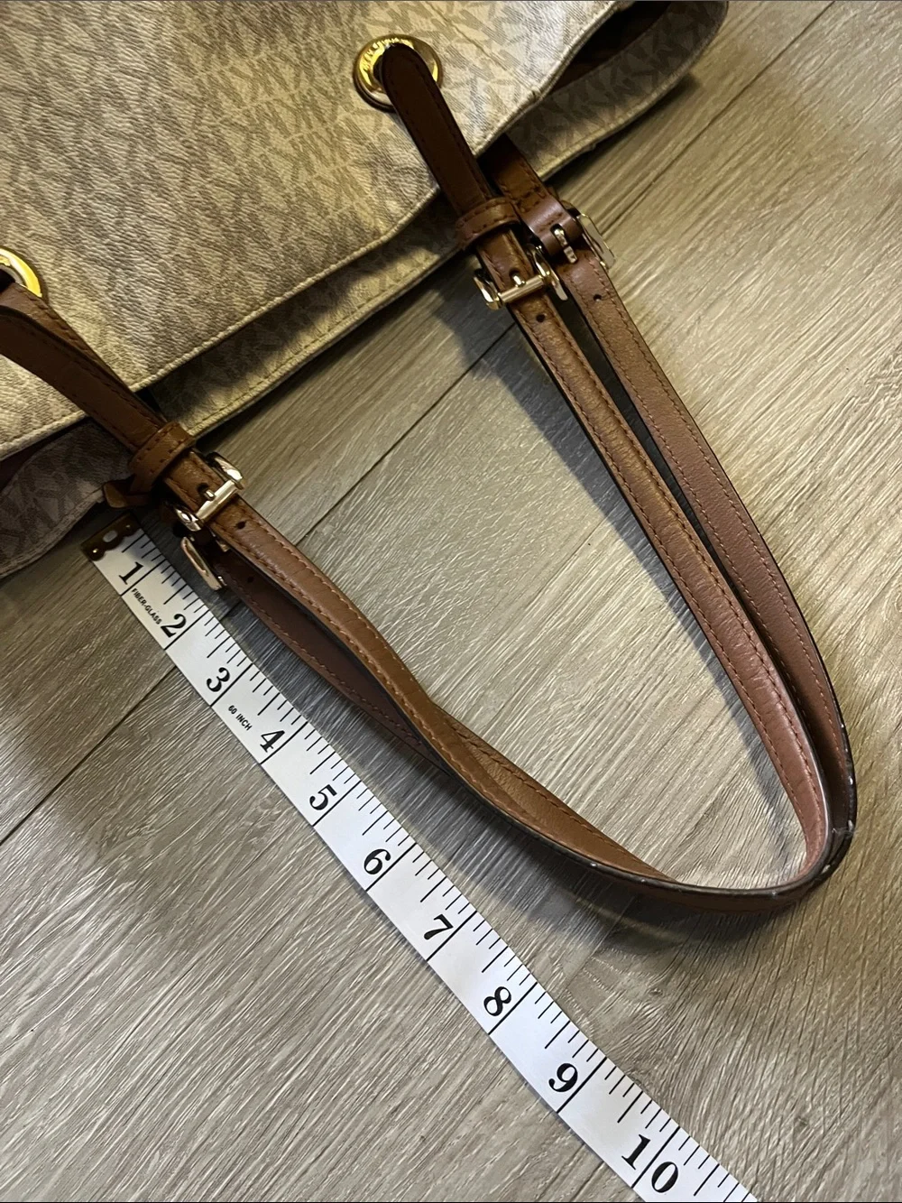 Michael Kors Cream MK Signature Tote with Brown Leather Straps